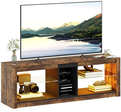 HOMCOM TV Stand Cabinet with LED Lights and Remote Control for TVs up to 65, Entertainment Centre with Storage Shelves and Compartment, Rustic Brown