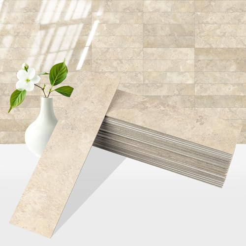 OYASIMI 80-Piece Beige Stone Peel and Stick Backsplash Tile, 2x 8 PVC Subway Tiles, Stick on Backsplash for Kitchen/Bathroom/Fireplace