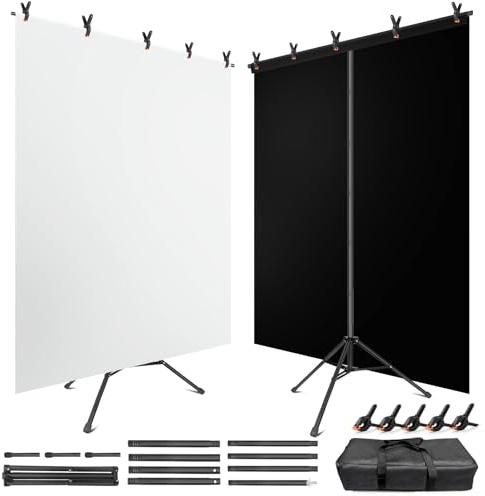 JEBUTU Schwarz & Weiß Hintergrund mit Ständer 1,5 m x 2,1 m | Verstellbarer, mit 5 Federklemmen & Tragetasche | Hintergrundsystem für Fotografie Photo Video Studio Halloween Party