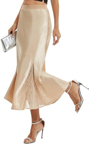 DGSHIRLDJO Damen Satin Rock Lang Elegant A Linie Midirock, Spitzen-Patchwork, Hohe Taille Seidiger Röcke für Hochzeit, Party, Business (DE/NL/SE/PL, Alphanumerisch, M, Regular, Regular, Champagner)