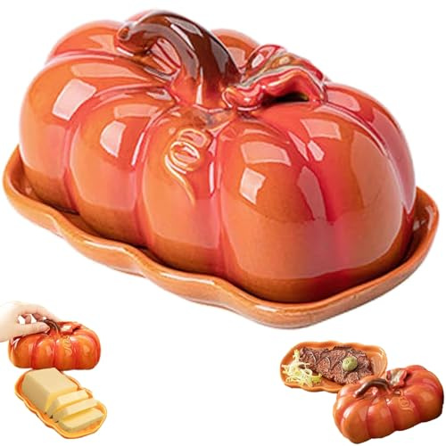 Mantequera de cerámica para Halloween con tapa, calabaza con tapa y bandeja de calabaza y otoño para mesa de otoño, mantequera de cerámica para Halloween, pieza decorativa