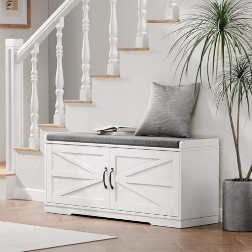 Gyfimoie Schuhbank mit Sitzfläche, Sitzbank Flur mit Türen, Schuhschrank mit Sitzbank, Schuhschrank Schmal, 35 x 100 x 50 cm, Schuhbank mit Stauraum für Wohnzimmer, Schlafzimmer, Flur, Weiß