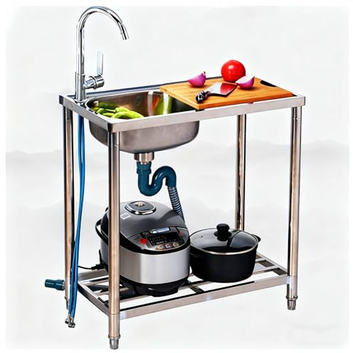 Lavello da cucina a doppio lavabo con lavoro, piedini regolabili, in acciaio inox, altezza 80 cm, acqua calda/fredda, angoli arrotondati da incasso, lavabo sinistro 27,6 x 13,8 cm