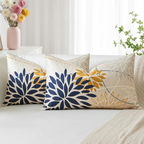 Artscope Set med 2 blommor mörkblå gul dekorativa kuddfodral 40 x 60 cm vår geometriska kuddfodral linne kuddar för hem soffa sovrum dekorativa kuddar