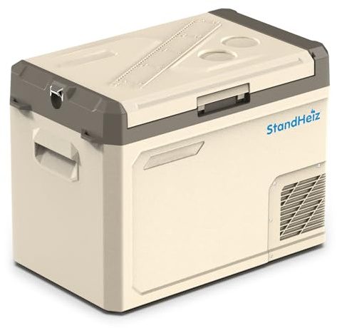 Kompressor kylbox 40 l – minikylskåp med appkontroll och ECO-läge, 12 V/24 V/230 V för bil, camping, husbil och lastbil, frysfunktion upp till -20 °C, beige brun