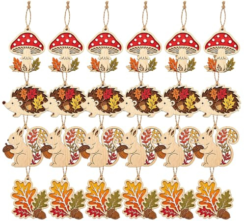 24 Stück Holz Herbstdeko, Hängedeko in Form von Eichhörnchen, Pilz, Igel & Herbstblätter, Herbstdeko Outdoor, Herbst Deko für Fenster, Garten und Familie