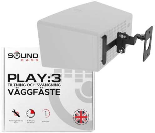 Svart väggfäste för Play 3, kompatibel med Sonos Play 3, justerbar vrid- och lutningsmekanism, monteringsfästet inkluderar alla fästanordningar