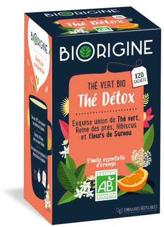BiOrigine - Thé vert bio - Thé détox - Fleurs de sureau hibiscus reine des prés - 20 sachets