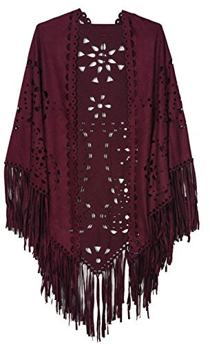 UK_Stone Damen Modisch Aushöhlen Blumen Lang Tuch Fransen Umhang Schultertuch Gratis Boho Feder Stirnband (Weinrot)