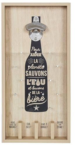 Wahou 40-2K-014 Cadre Décapsuleur Jeu Pour aider la planète sauvons l'eau et buvons de la bière Beige gris noir et transparent Bois métal et verre H40 x 4,5 x 19 cm