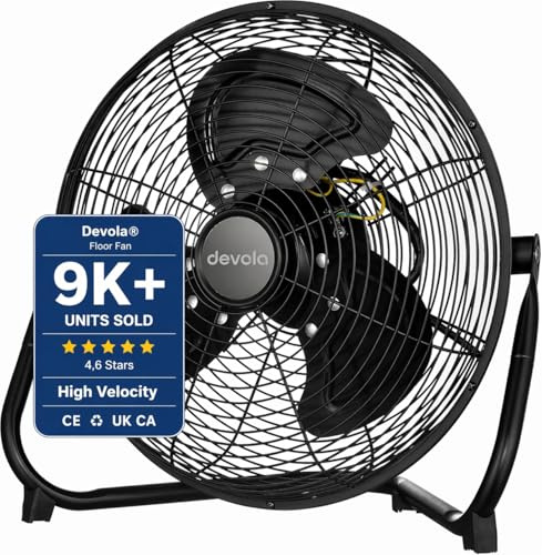 Devola High Velocity Floor Fan 16 Inch, Portable Powerful Industrial Fan for Home, Gym, Office & Warehouse, High Powered Cooling, 3 Speeds, Adjustable Head, Cord Storage Bracket, Black, DV16FFB