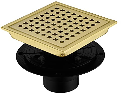 Orhemus Drenaje de ducha cuadrado de 6 pulgadas con brida de base de drenaje de ducha ajustable, drenaje de piso de acero inoxidable SUS 304 con rejilla de cubierta extraíble, acabado de latón dorado