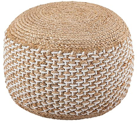 kreatives Wohnen Jute Sitzhocker rund 50x50 cm Deko Hocker Jute Natur Sitzpouf Bodenkissen Fußhocker Jute Natur Weiss Sitzpouf