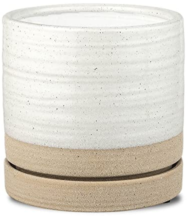 HERDUK 6 Inch Plant Pots, Ceramic Planter Pot with Drainage Hole & Saucer, Indoor/Outdoor Cylinder Round Planter Pot, White & Beige Glaze