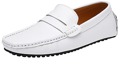 ANUFER Herren Klassisch Pennyloafer Flach Schlüpfen Sanft Spaltleder Mokassins Fahrschuhe Weiß SN070440 EU43