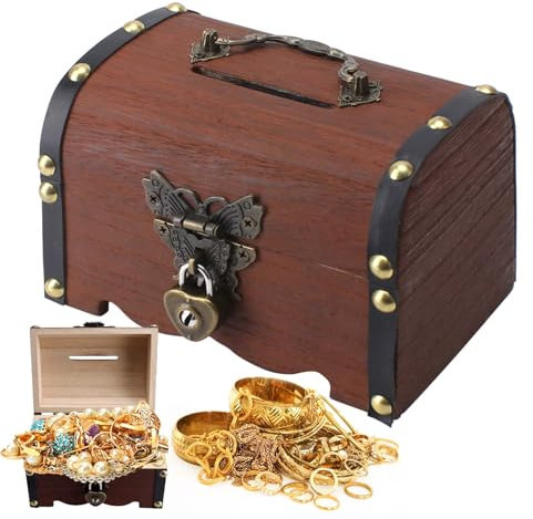 Vintage Holz Schatztruhe, Kleine Holz Schatzkisten mit Schloss, Kleine Truhe Schatztruhe zur Aufbewahrung und Dekoration, Holztruhe Schatzkiste für Kindergeburtstag Schatzsuche (14.5 x 10.5 x 10.3cm)
