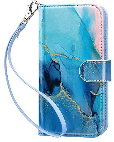 ULAK Hülle für iPhone 12/12 Pro Klapp-Brieftaschenhülle 6,1Zoll Blau-Marmor | RFID-Schutz abnehmb. Handgelenkband Standfunktion Magnet Stoßfest Blumenmuster Damen Handytasche, PU-Leder, 3 Kartenfächer