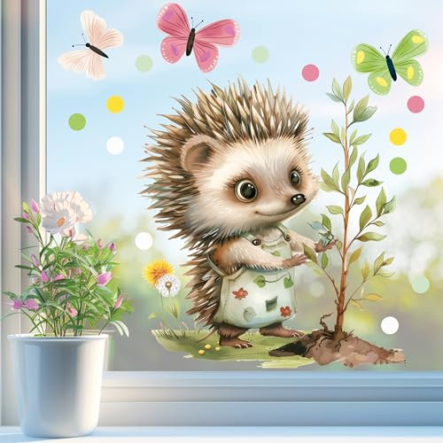 Sunnywall Fensterbild Fensterdeko Igel Gärtnerin Baum Schmetterling Fensteraufkleber statisch selbstklebend beidseitiger Druck Aufkleber Fenstersticker WIEDERVERWENDBAR A3