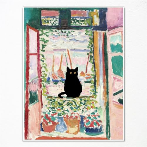 GAINOW Henri Matisse Ölgemälde auf Leinwand Wandkunst Matisse Berühmtes Offenes schwarze Katze Poster, lustige Katze Blumendruck ästhetische für Schlafzimmer, Badezimmer 30x40cm ungerahmt