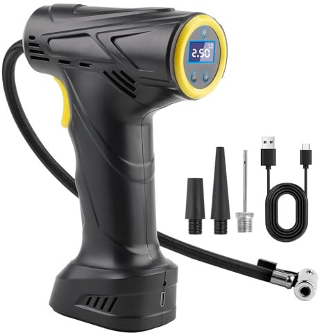 Cordless Tyre Inflator Air Compressor, Portable Handheld Rechargeable Battery Tyre Pump with Digital Pressure Gauge, Electric Tyre Inflator with LED Light & 4 Nozzle for Car, Motorcycle Bike