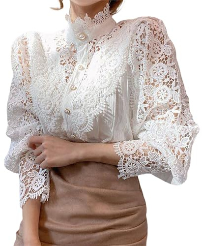 2024 Mode Femme Chemisier Dentelle Chic Chemise Victorien à Manche Longue Bouffante Ballon Sexy Chemisier Gothique Lolita Lace Ajouré Top Blouse Renaissance Elégant Ample Vintage (Blanc, XXL)