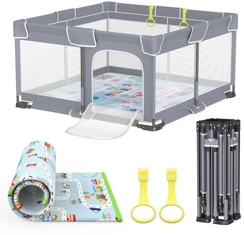 VANCLE Plegable Parque Infantil Bebe 127x127cm + Alfombra de Juegos para Bebé + Anillo de Tracción + Bolsas de Transporte, Mejorada Parque Infantil Bebés con Apertura con un Clic y Fácil Instalación