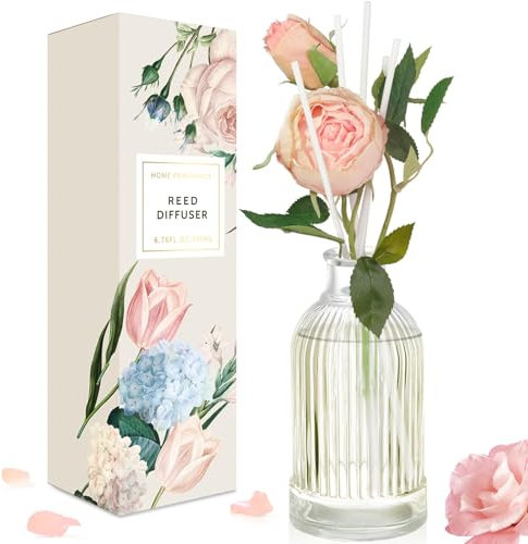 Scent-Hi Reed Diffuser 200ml Fragrance Reed Diffusers, Aromatherapy Diffuser Set with 6 Fiber Sticks, Long Lasting Home Indoor Fragrance Reed Diffuser Set, Rose