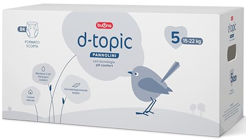 Buona D-Topic Pannolini Taglia 5, 15-22kg con Tecnologia pH Comfort Formato Scorta: 84 pz Dermatologicamente Testato, Cotone Naturale, Materiali Traspiranti Delicati sulla Pelle dei Bambini