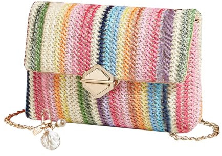 FFWTPY Strandtasche Damen Strohtaschen Crossbody Strand Tasche Mode Schultertasche Stroh Clutch Vintage Boho Stil mit Kette für Urlaub Reisen Hochzeitstasche