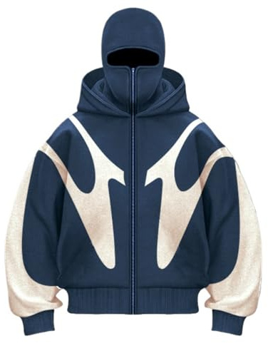 Zelbuck Herren Hoodie Y2K Kapuzenpullover Sweatshirt Mit Sturmhaube Reißverschluss Doppelter Kapuze Winddicht Patchwork Jacke für Männer und Frauen