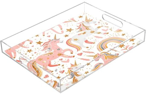 Cute Pink Unicorns and Rainbows Acrylic Serving Trays, Clear Rectangular Tray with Handles Serving Platter for Coffee Table Kitchen Bathroom