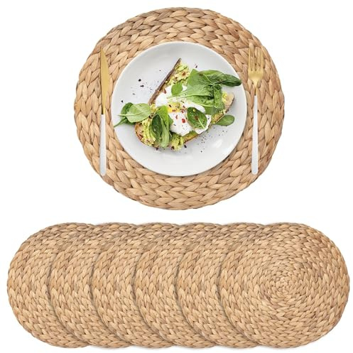 6 Pack Round Woven Placemats, Water Hyacinth Placemats, Natural Table Mats for Dining Table (35 cm)
