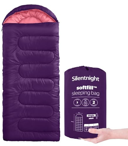 Silentnight Sleeping Bag for Adults - 3 Season Lightweight Soft Thick Cosy Warm Mummy Sleeping Bag for Spring Summer Camping Hiking Outdoor Travel for Warm and Cold Weather - Purple