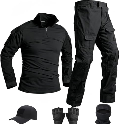 SANYETS Taktische Uniform, Combat-Set mit Langarmshirt, Hose, Mütze, Handschuhen und Sturmhaube, Airsoft-Ausrüstung, Militärkleidung für Herren