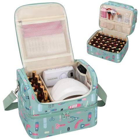 Nail Polish Organizer Case - Holds 45-90 Bottles & UV Nail Lamp, Nail Tech Organizers And Storage Bag for Nail Supplies & Manicure Kit & Pedicure Tools, Nail Technician Case (Cartoon Green, 45 Slots)