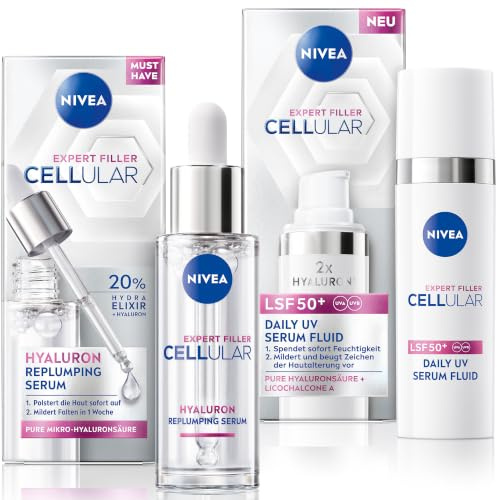 NIVEA CELLULAR Serum Routine Set mit Hyaluron-Serum und UV-Serum Fluid mit LSF 50, tägliche Gesichtspflege für geglättete Falten, leichte und schnell einziehende Formel