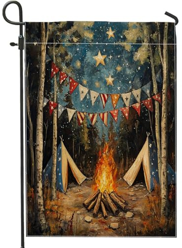 Bandiera da giardino con falò notturno stellato, decorazione rustica per campeggio, bifacciale, decorazione per prato all'aperto per feste estive, design con fuoco e tenda, 71 x 101 cm
