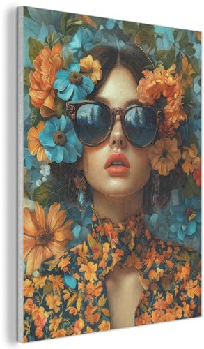 MuchoWow© Wandbilder aus Filz Wohnzimmer Wanddeko Schlafzimmer Zimmerdeko | 50x70 cm - Wandgemälde Zimmer Deko für die Wand Dekoration Wall Art Frau - Orange - Blumen - Blau - Modern