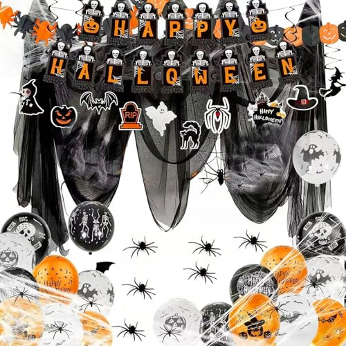 Efymosce Halloween Deko Innen Set, Halloween Banner, Spinnenweben Deko, Gruselige Party Dekoration mit Wiederverwendbarer Girlande, Banner, Luftballons, Fledermaus, Geist, Kürbis für Türdeko