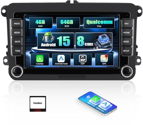 CAMECHO Android 15 Qualcomm 4+64G 8 Core 7 Pollici Autoradio per VW Golf 5 6 Polo Caddy Touran Passat Skoda, Radio 2Din con Wireless Carplay Android Auto GPS FM/RDS WIFI +Canbus con Touchscreen IPS