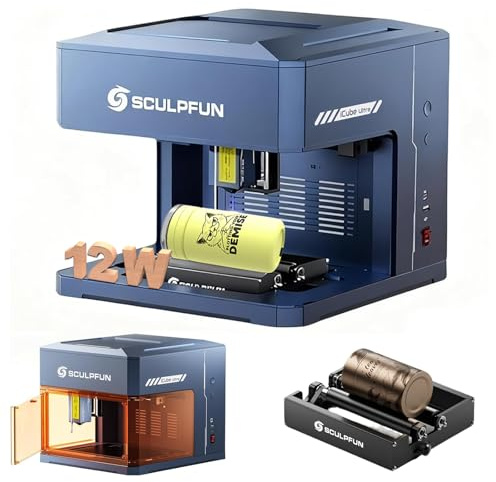 SCULPFUN iCube Ultra de 12W Máquina de grabado láser portátil de escritorio con mini rodillo láser giratorio RA, área de trabajo totalmente cerrada de 150 x 150 mm con filtro de humo