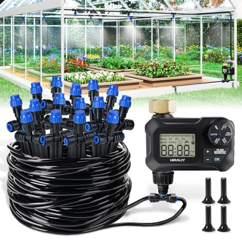 HIRALIY 59FT Greenhouse Misting Drip Irrigation Kit with Water Timer, Quick Connector Design Garden Watering System, Automatic Irrigation System with Tubing, Nozzles for Hanging Plants, Raised Bed