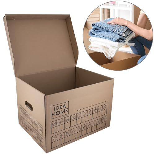 IDEA HOME MOOVE Lot de 12 Cartons de Déménagement Renforcés 30 kg – Couvercle Intégré, Poignées de Transport, Zones D’étiquetage – Carton 5 Couches 420 g/m² – Marqueur Inclus