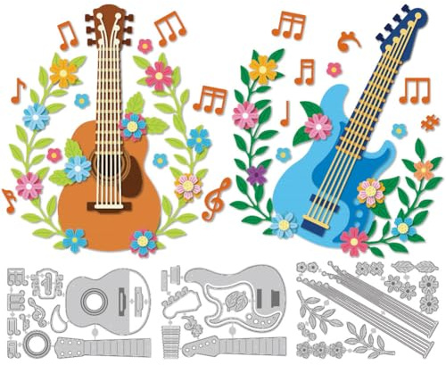 DELORIGIN Layering Guitar Flowers Cutting Dies Musical Instruments Making Die Cut Carbon Steel Die Cuts Stencils Blessing Card Scrapbooking Embossing Template Dies for Greeting Card Album Decor