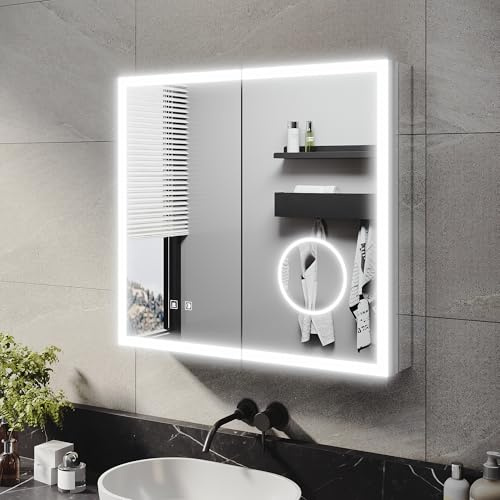 SUNXURY Badspiegelschrank mit Beleuchtung mit Touch und Steckdose, Beschlagfrei, Dimmbar, 3X Vergrößerungslupe, Verstellbare Glasablage, Aluminium Bathroom Mirror Cabinet, Siber, 65x60x12,5cm