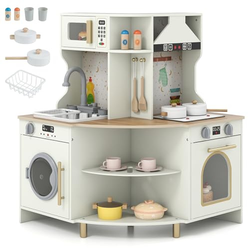 DREAMADE Kinder Eckküche, Eckspielküche mit Wasserhahn & Spüle, Kinderküche mit Mikrowelle, Ofen & Waschmaschine, Spielküche mit Licht & Sound, Puppenküche mit Zubehör für Kinder ab 3 Jahren