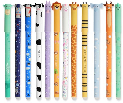 AUAUY Juego de 12 Bolígrafos de Gel Borrables, con Tinta de Borrado Termosensible, Punta de 0,7 mm, 8 tinta de y una gama, con Adorables Dibujos de Animales, Ideales para Papelería y Oficina