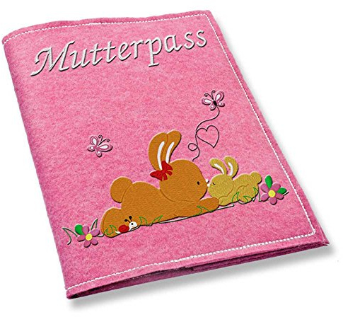 Mutterpass Mutterpasshülle Filz Mama + Baby Hase bestickt Farbwahl Handarbeit (rosa)