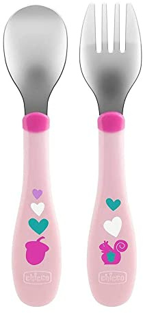 Chicco Posatine Inox 18M+, Posate Bambini, Set Pappa, Forchetta e Cucchiaio per Bambini, in Acciaio Inossidabile, Facili da Impugnare, Set Svezzamento Prima Pappa, 2 Pezzi, Rosa
