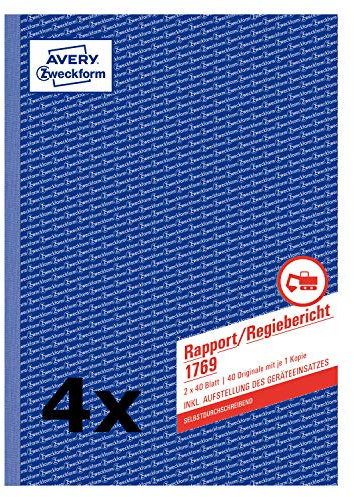 Avery Zweckform 1769 Rapport/Regiebericht (A4, selbstdurchschreibend, 2x40 Blatt) (4 Stück, Rapport/Regiebericht | selbstdurchschreibend) (4 Stück)